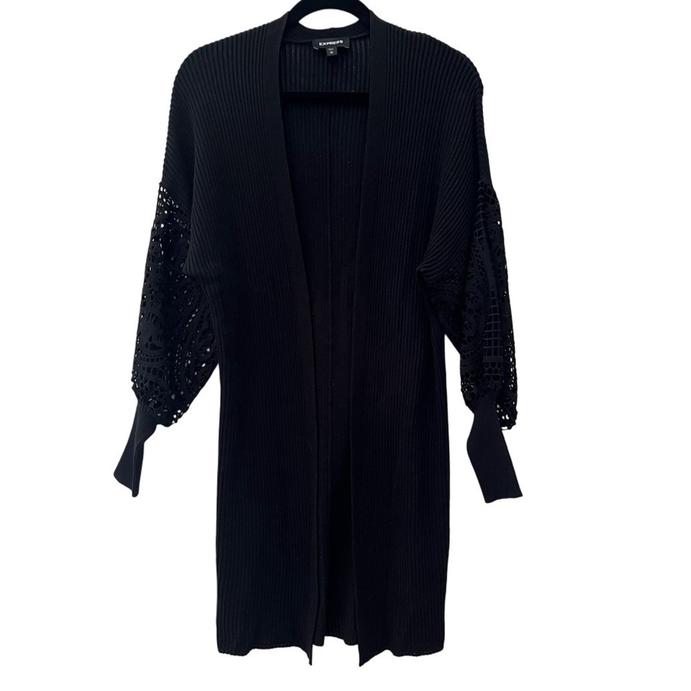 Express Black Ribbed Open Front Ballon Sleeve Lace Midi Cardigan Sweater Size XS